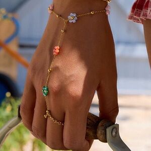 18k Gold Plated Multicoloured Beaded Floral Hand Chain Bracelet. New.